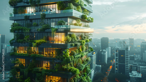 dettagli di un edificio per uffici iperrealistico ed ecologico in una città moderna. Facciata in vetro sostenibile con alberi integrati per ridurre il calore e l'anidride carbonica. Giardini pensili  photo