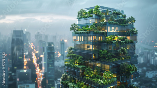 dettagli di un edificio per uffici iperrealistico ed ecologico in una città moderna. Facciata in vetro sostenibile con alberi integrati per ridurre il calore e l'anidride carbonica. Giardini pensili  photo