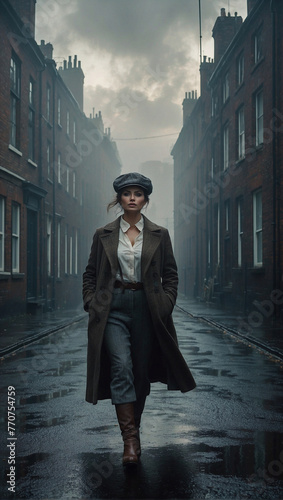 Femme Detective Chronicles Stylish Sleuth in Tweed Coat and Bowler Hat, Inspired by Peaky Blinders. Strong Female Protagonist in Noir Detective Fiction.