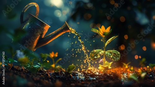 A watering can pouring liquid gold onto a sapling, showing nurturing investments.