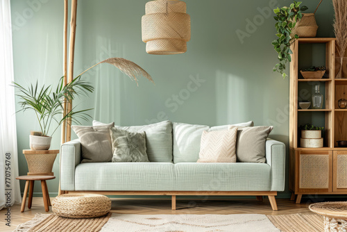 Scandinavian style sage green living room with wooden furniture. Generative AI