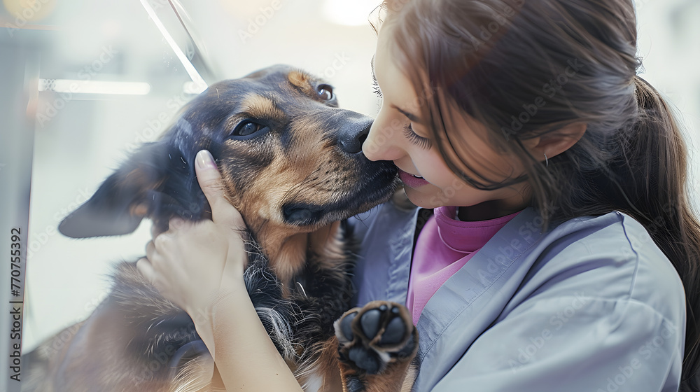 Veterinarian doctor hugging a beautiful dog. Veterinarian doctor hugging a beautiful dog.