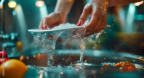 Close up of woman is washing plate in the modern kitchen. professional bokeh, big copy spcae for text, photo