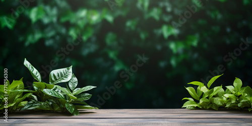 A wooden table with a plant on it and a green background A lovely springtime outdoor setting includes an empty wooden table