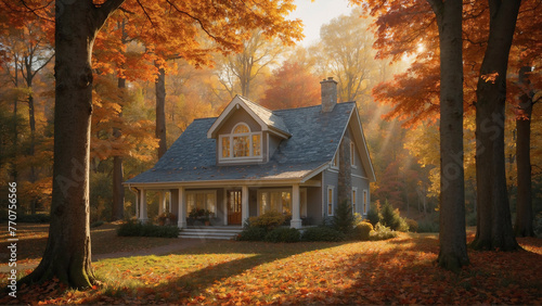 A cozy modern home in the warm glow of the autumn sun, surrounded by bright fallen leaves. The tranquility and warmth of the fall season in the woods.