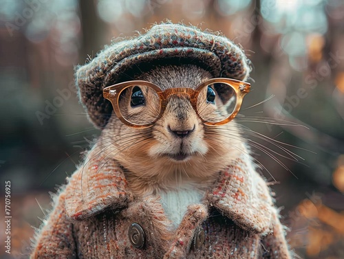 Adorable and cute squirrel portrait wearing retro and vintage clothes, retro accessories, nostalgia, vintage, 1800s, 1900s, 1920s, 1950s, 1960s, 1980, 1990, 2000s