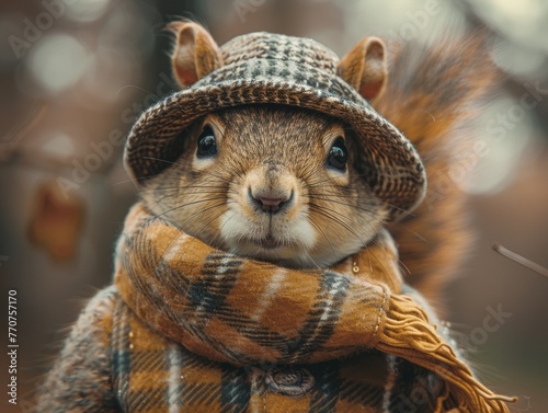 Adorable and cute squirrel portrait wearing retro and vintage clothes, retro accessories, nostalgia, vintage, 1800s, 1900s, 1920s, 1950s, 1960s, 1980, 1990, 2000s
