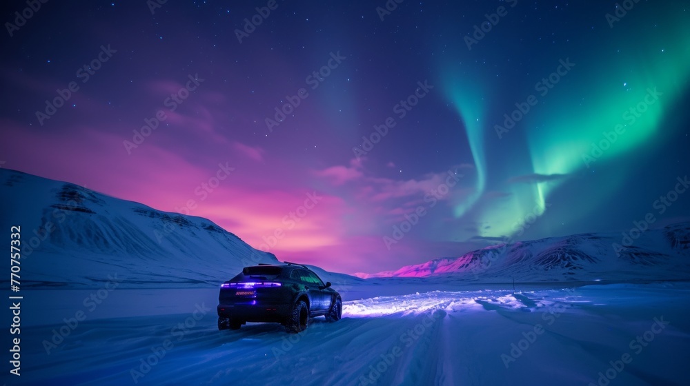 Car in wild snow field with beautiful aurora northern lights in night sky with snow forest in winter.