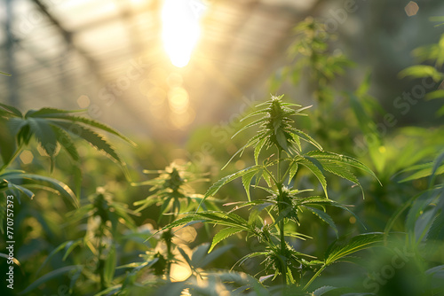 Cannabis cultivation with warm sunlight flare.