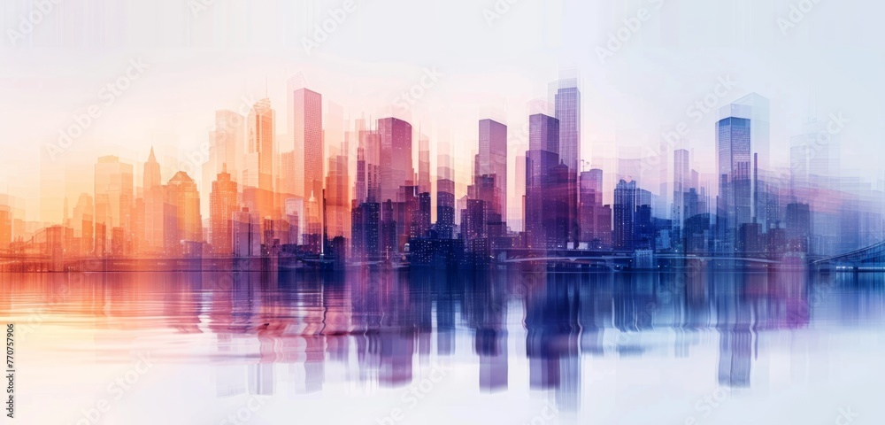 A city skyline made of blurred images, blending together to form the silhouette of skyscrapers and bridges gradient from light blue at top to warm orange Generative AI