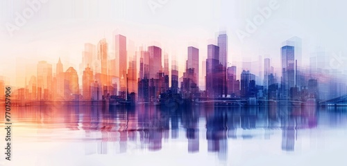 A city skyline made of blurred images, blending together to form the silhouette of skyscrapers and bridges gradient from light blue at top to warm orange Generative AI © SKIMP Art