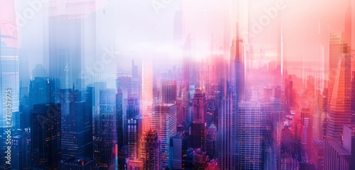 digital art, gradient background, double exposure of an urban skyline with skyscrapers, multiple blurs and motion effects Generative AI