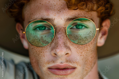 
handsome ginger young man with green eyes and freckles wearing round transculent green glasses, hat, closeup portrait photo