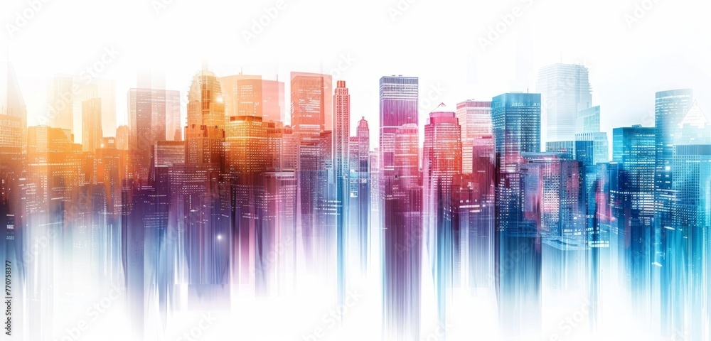 Abstract cityscape background with blurred skyscrapers and double exposure effect on white background Modern digital art of urban skyline in gradient colors Generative AI