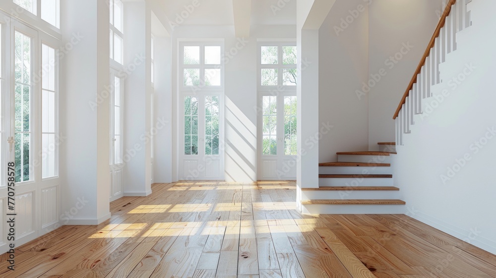 Obraz premium White walls, wooden floor, spacious living room, wooden stairs, sunlight shining on the floor. Empty space. Home. Cozy. 