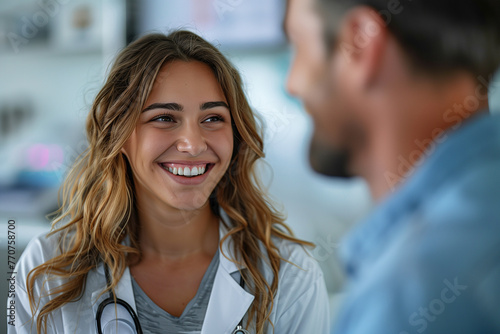 Smiling Woman With Stethoscope Speaking to Man