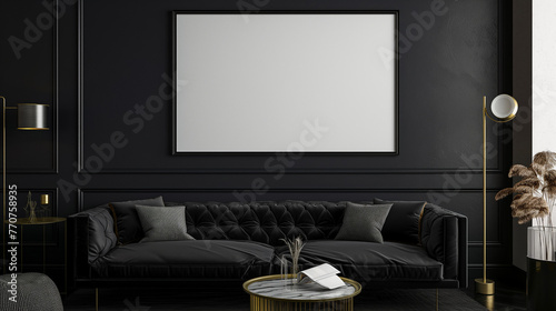 Sala de estar com paredes pretas e iluminação escura com uma moldura de quadro em branco na parede - mockup photo