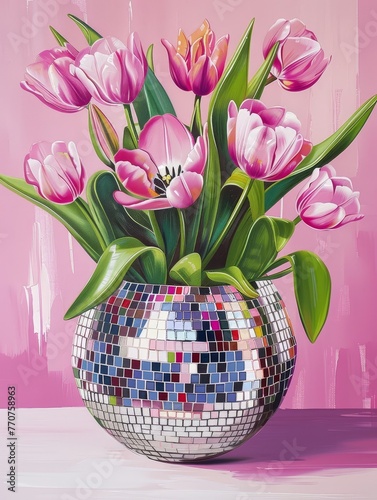Beauty flowers in disco ball, AI generated