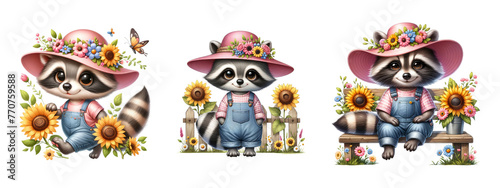 Cute watercolor raccoons with sunflower sublimation 