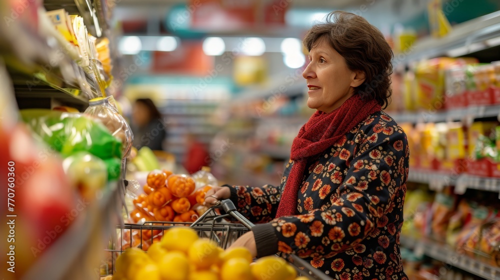 Senior shopping in a grocery store with fresh produce.