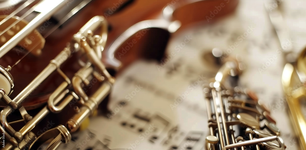 Fototapeta premium Various musical instruments lie on sheet music of a symphony