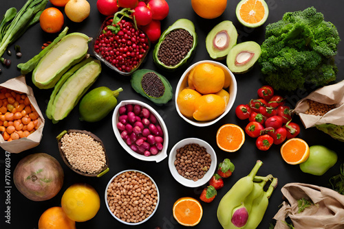 Concept of healthy food Fresh fruits  vegetables  and legumes against a black backdrop - 56