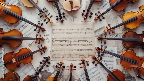 Various musical instruments lie on sheet music of a symphony photo