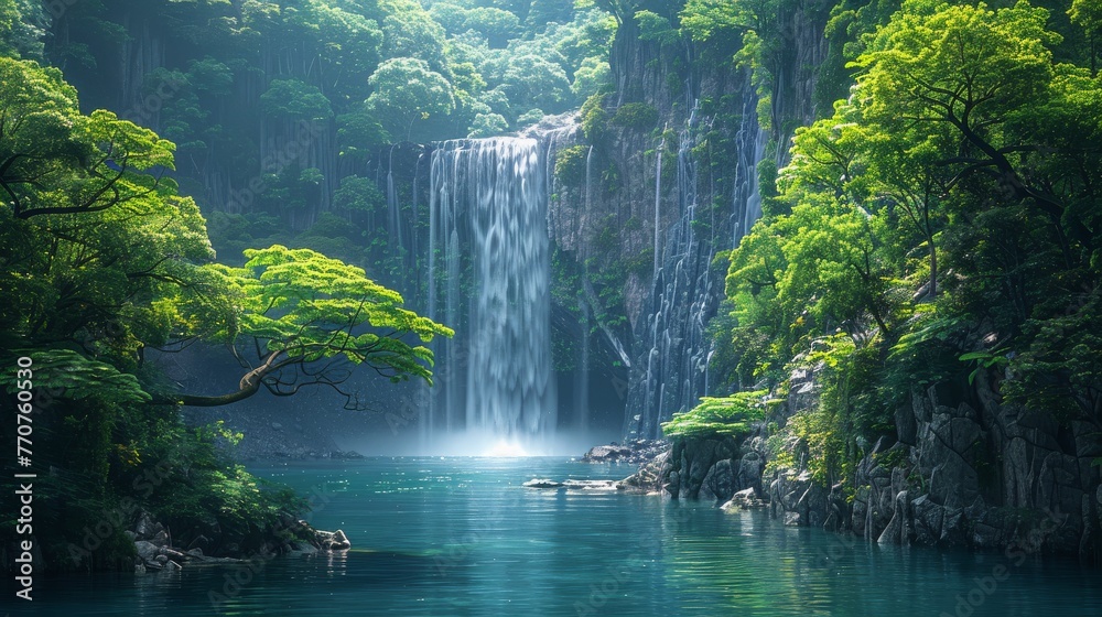 Wide shot of a lush forest with a majestic waterfall cascading into a serene cave, harmonious blend of natural elements, sense of wonder and tranquility.