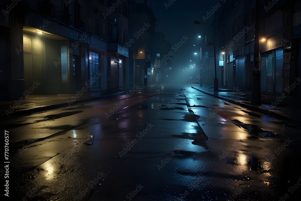 Wet asphalt, reflection of neon lights, a searchlight, smoke. Abstract light in a dark empty street with smoke, smog. Dark background scene of empty street, night view, Generative AI