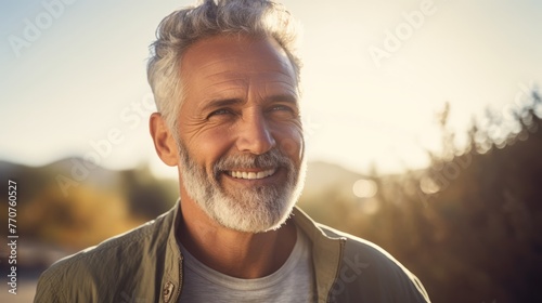 portrait of attractive middle aged man in sportive outfit, hiking outdoor in the mountains photo