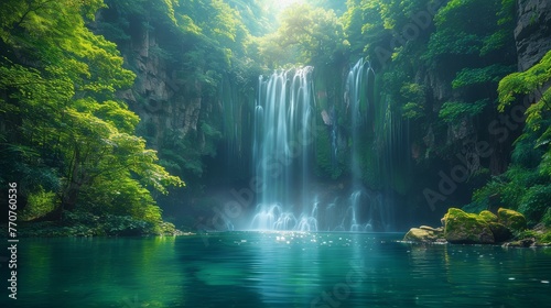 Wide shot of a lush forest with a majestic waterfall cascading into a serene cave, harmonious blend of natural elements, sense of wonder and tranquility. © Nattadesh