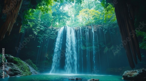 Wide shot of a lush forest with a majestic waterfall cascading into a serene cave  harmonious blend of natural elements  sense of wonder and tranquility.