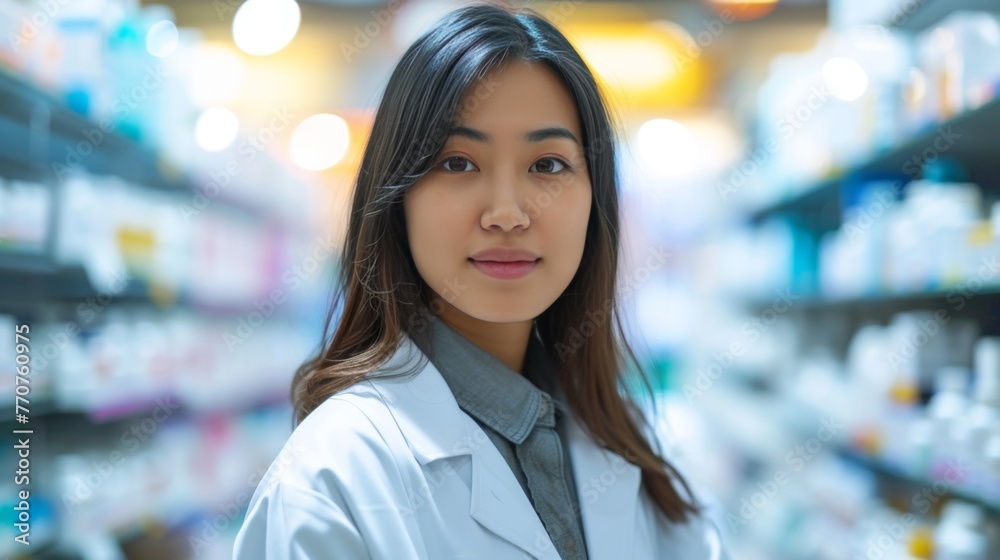 Obraz premium Portrait of an asian female smiling pharmacist in a drug store