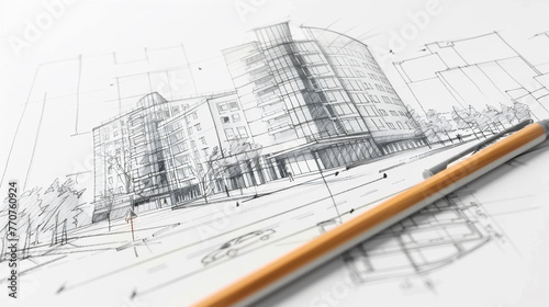 White paper shows a building sketch, pencil.