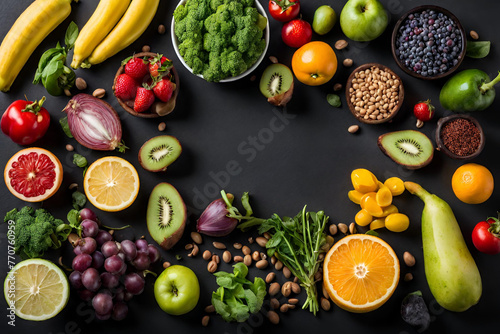 Concept of healthy food Fresh fruits  vegetables  and legumes against a black backdrop - 5