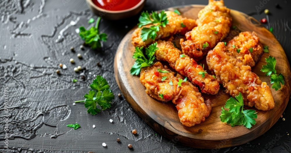 Chicken Strips with Tomato Sauce and Fresh Parsley on Rustic Background