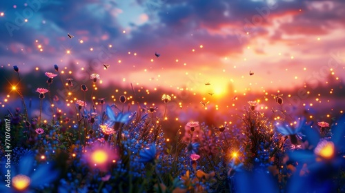 Field of Blue Flowers Under Cloudy Sky