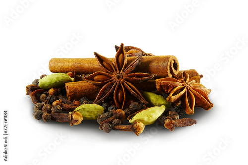 group of various indian spices for indian food curry masala vegetarian or non vegetarian cooking food,health related concept,cutout transparent background,png format