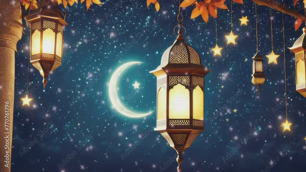 Islamic arabic lantern in the beautiful night fantasy animation. Ramadan Kareem concept. Video looping animation Islamic arabic lantern in the beautiful night fantasy animation. Ramadan Kareem concept. Video looping animation