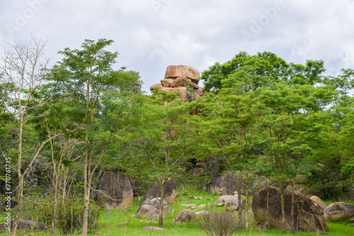 African bush landscape with natural balancing rocks, Zimbabwe. photo