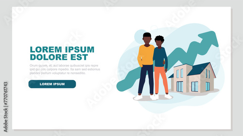Adob Vector illustration of a couple standing in front of their house with an ascending stock market curve in the background - property concept e Illustrator Artwork