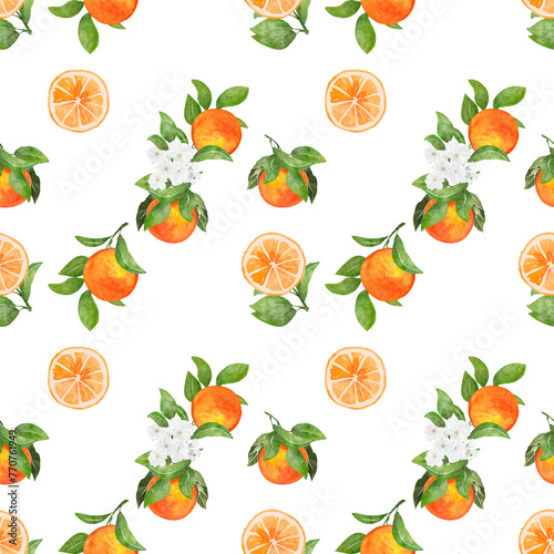 Fototapeta Naklejka Na Ścianę i Meble -  Seamless pattern watercolor with citrus orange fruit tropical background