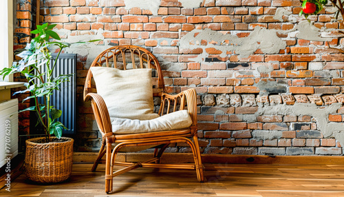 A wooden wicker chair with a cushion sits on the hardwood flooring in front of a brick wall. The cozy furniture piece provides comfort and compliments the rectangular building structure