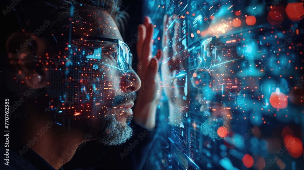 Fototapeta premium technology theme wallpaper. cyberpunk wallpaper. futuristic digital wallpaper. urban city wallpaper. Modern urban wallpaper. neon light wallpaper.