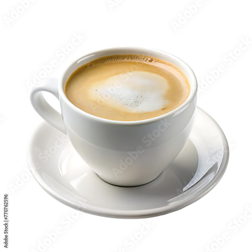 minimalist photo of a white coffee cup with saucer isolated on a transparent background