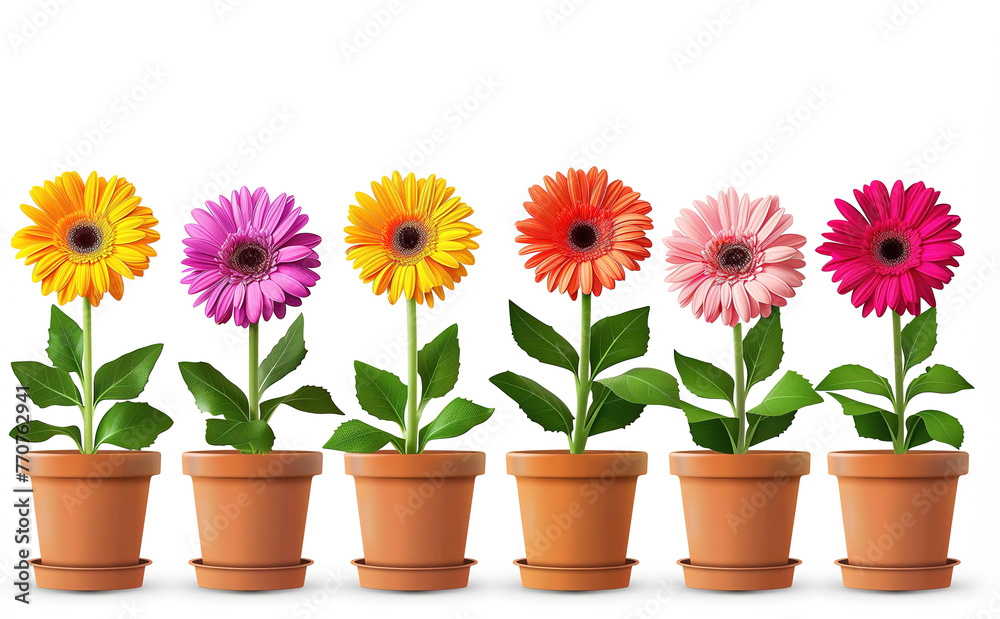 Set of Colorful Flowers Gerbera Daisies in Pots on White Background Set of Colorful Flowers Gerbera Daisies in Pots on White Background