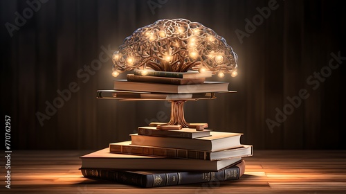 brain stack of books Library education new idea science concept