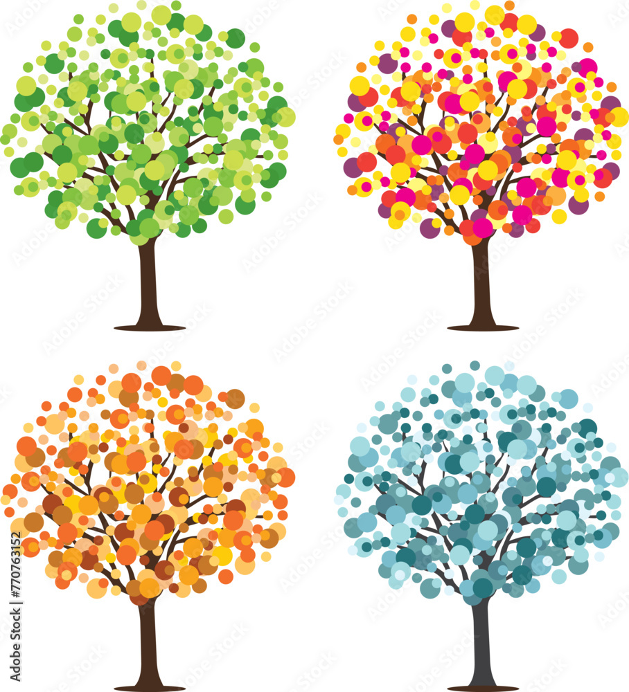 Four seasons trees foliages. Vector hand drawn illustration. Icons set.