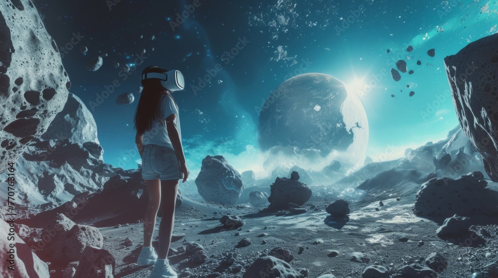A female is in a virtual fantasy space universe with planet when wearing VR headset.