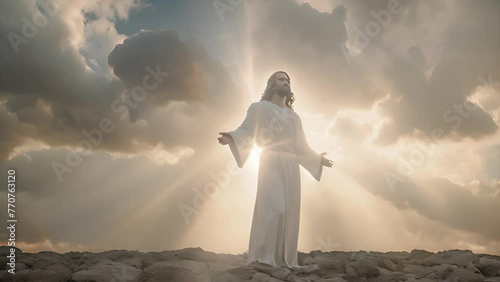 The resurrected Jesus Christ ascending to heaven above the bright light sky and clouds and God, Heaven and Second Coming concept Heaven and cross, Faith and salvation of Jesus Christ 4k video photo